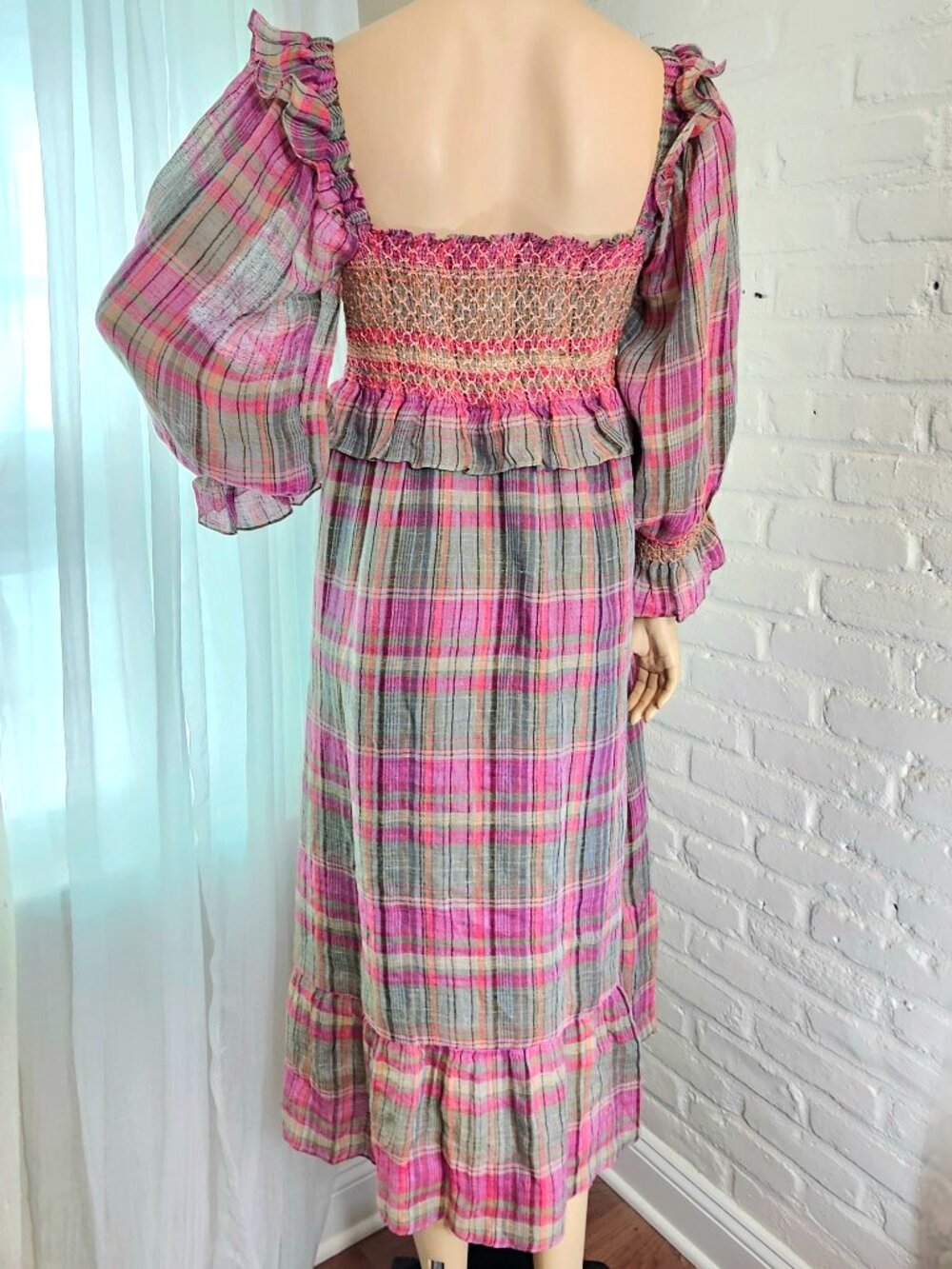 Frances Hart Pink Plaid Smocked Maxi Dress Size M Balloon Sleeve Maternity - Picture 4 of 6